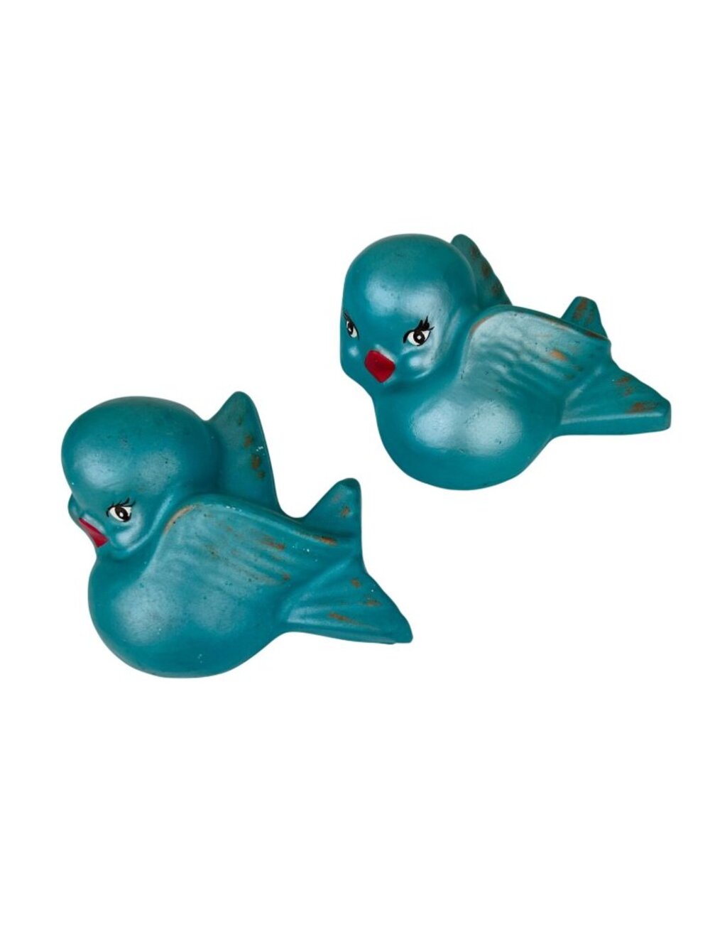 Vintage MCM Teal Chalkware Birds Wall Art Hanging Blue Eyelashes Red Lips Kitsch